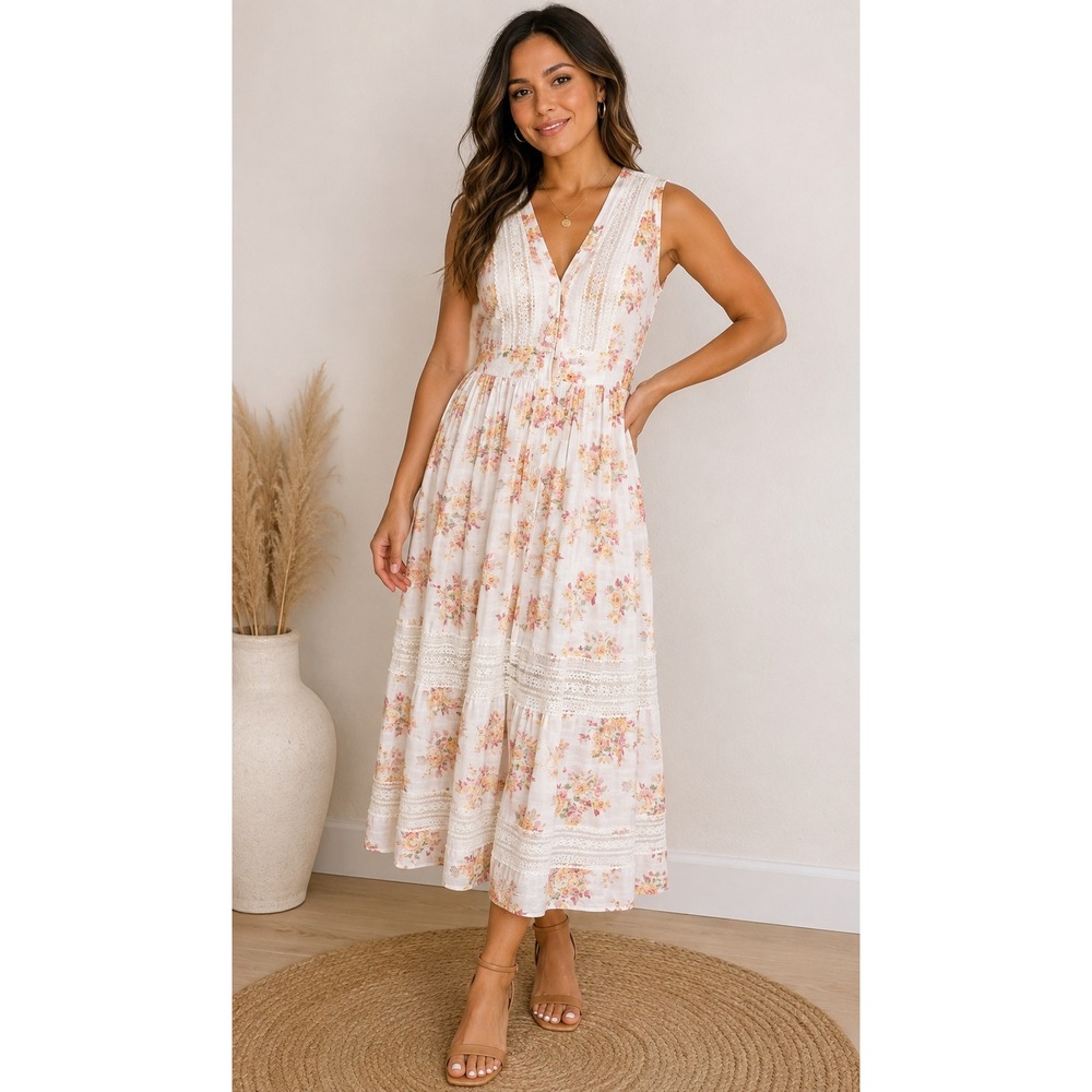 Audrey Parks Francesca's Women's Maxi Dress Floral Rayon Cottagecore Lace Small
